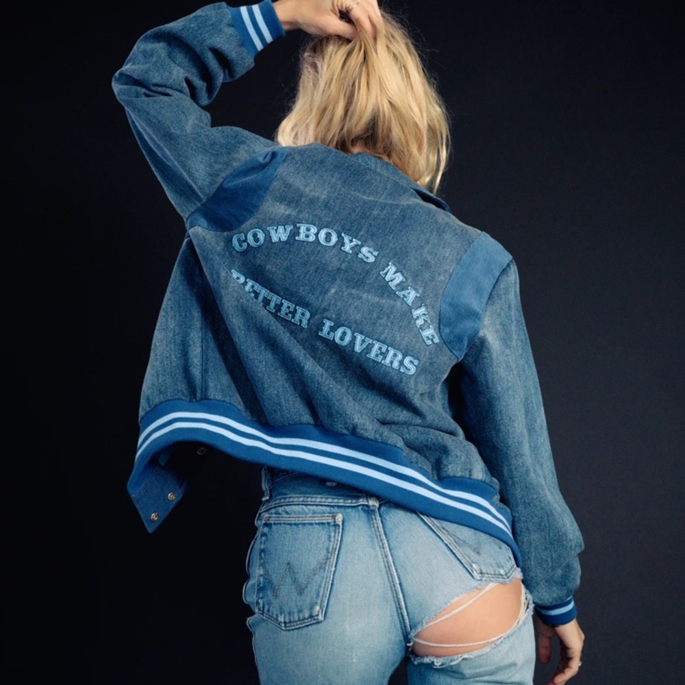 Under Stated Leather UL Club Denim Bomber Jacket in vintage blue